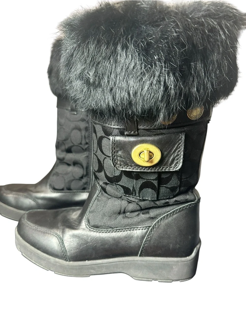 Coach Black Logo-Panel Fur Cuff Boots with Gold Turn-Lock